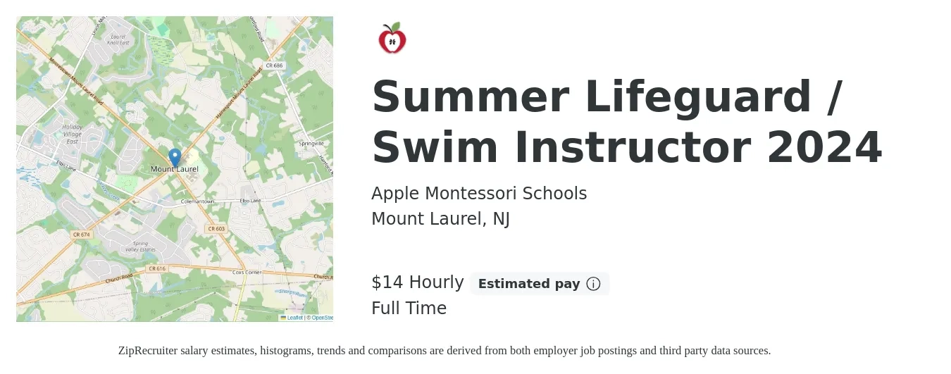 Apple Montessori Schools job posting for a Summer Lifeguard / Swim Instructor 2024 in Mount Laurel, NJ with a salary of $15 Hourly with a map of Mount Laurel location.