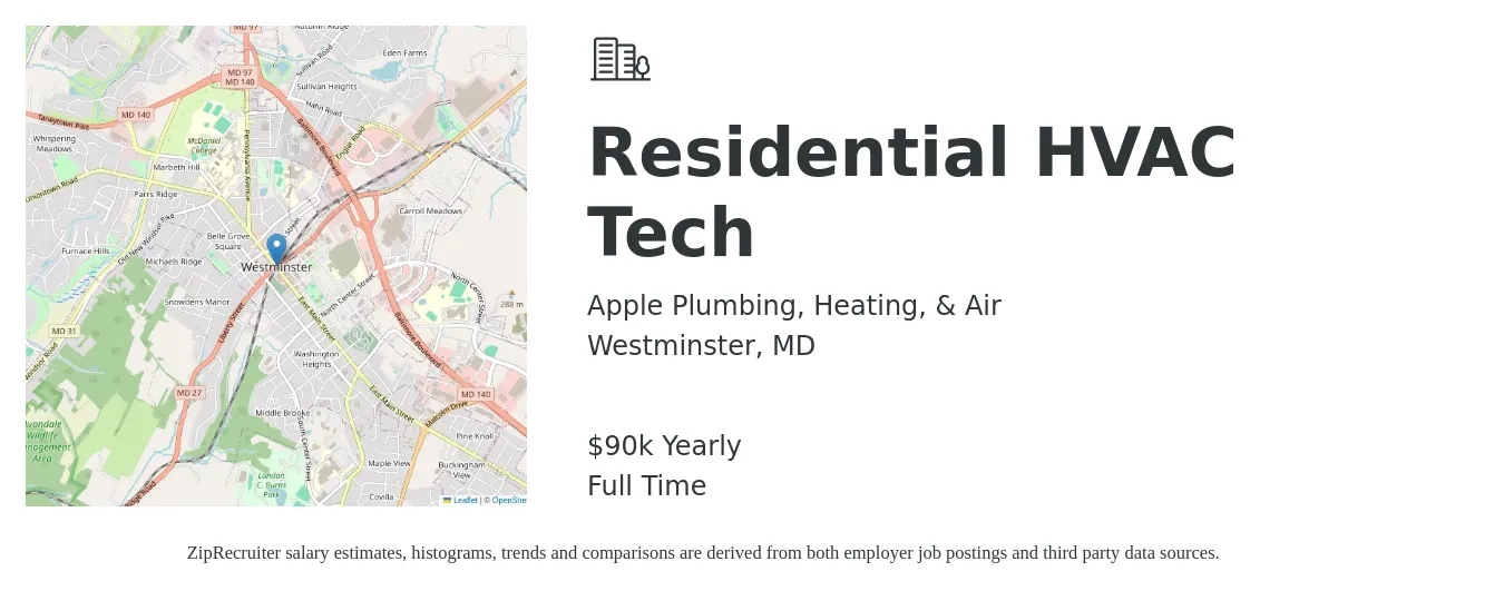Apple Plumbing, Heating, & Air job posting for a Residential HVAC Tech in Westminster, MD with a salary of $90,000 Yearly with a map of Westminster location.
