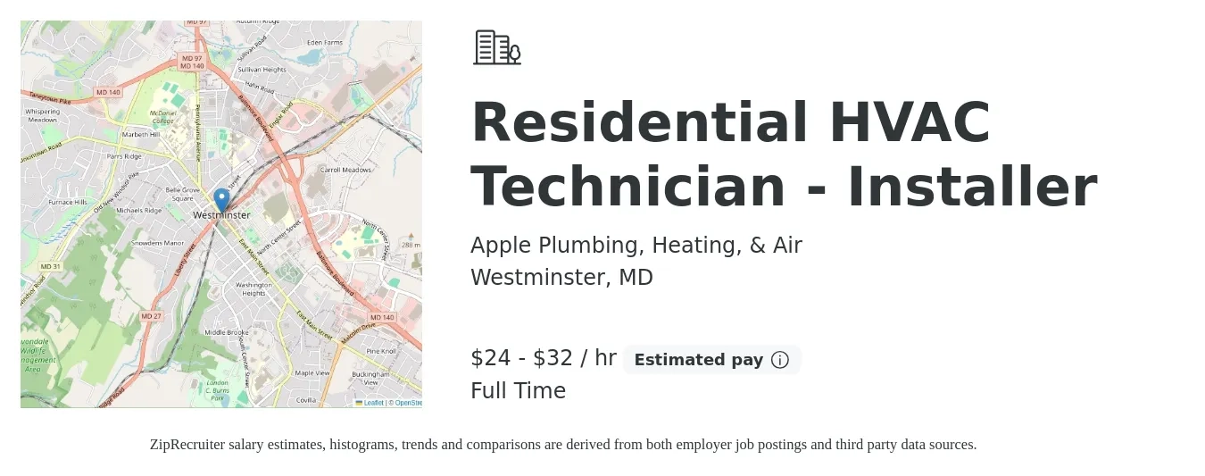 Apple Plumbing, Heating, & Air job posting for a Residential HVAC Technician - Installer in Westminster, MD with a salary of $25 to $34 Hourly with a map of Westminster location.