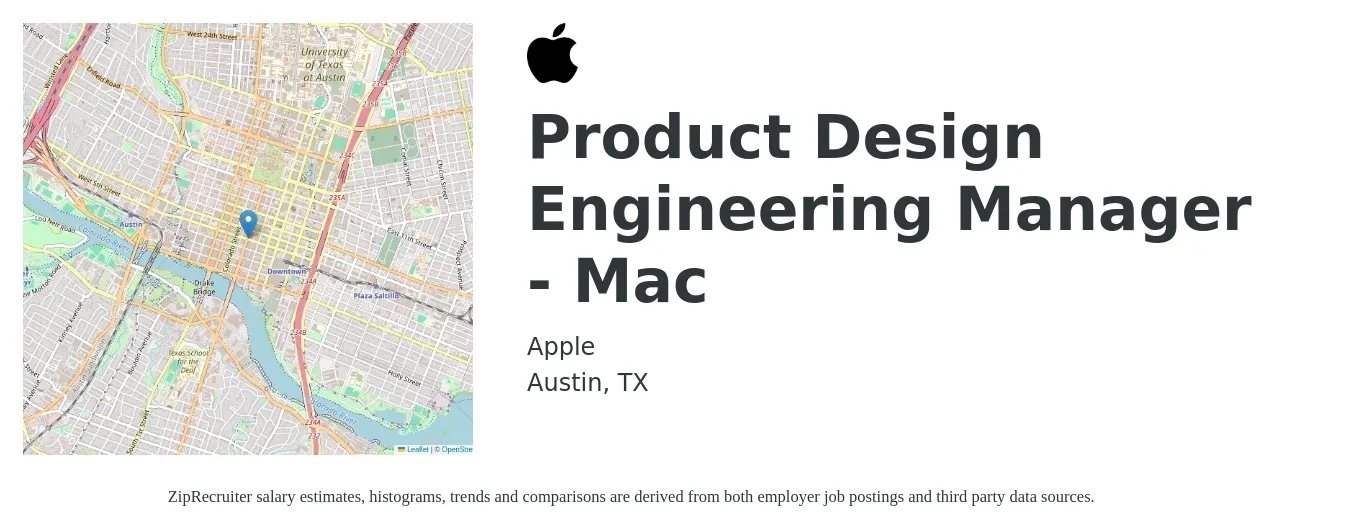Apple job posting for a Product Design Engineering Manager - Mac in Austin, TX with a salary of $187,300 Yearly with a map of Austin location.