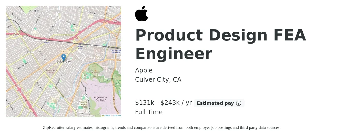 Apple job posting for a Product Design FEA Engineer in Culver City, CA with a salary of $131,500 to $243,300 Yearly with a map of Culver City location.