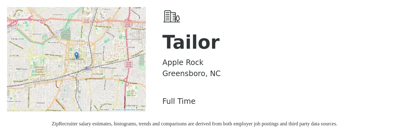 Apple Rock job posting for a Tailor in Greensboro, NC with a salary of $18 to $25 Hourly with a map of Greensboro location.