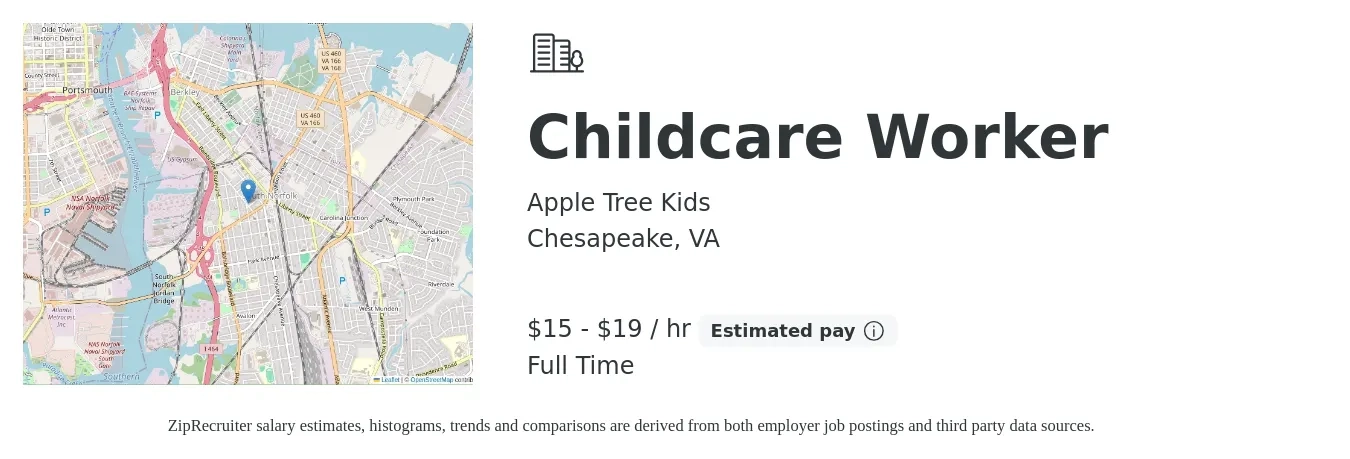 Apple Tree Kids job posting for a Childcare Worker in Chesapeake, VA with a salary of $16 to $20 Hourly with a map of Chesapeake location.