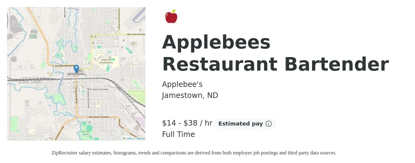 Applebee's job posting for a Applebees Restaurant Bartender in Jamestown, ND with a salary of $15 to $40 Hourly with a map of Jamestown location.