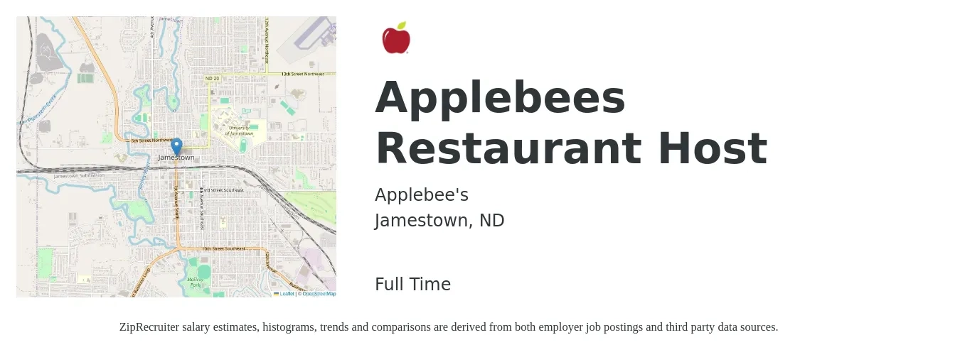 Applebee's job posting for a Applebees Restaurant Host in Jamestown, ND with a salary of $12 to $16 Hourly with a map of Jamestown location.