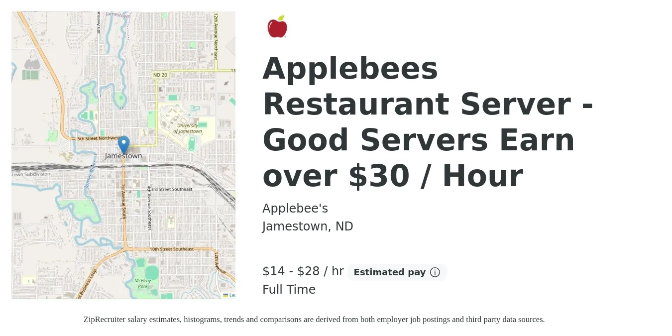 Applebee's job posting for a Applebees Restaurant Server - Good Servers Earn over $30 / Hour in Jamestown, ND with a salary of $15 to $30 Hourly with a map of Jamestown location.