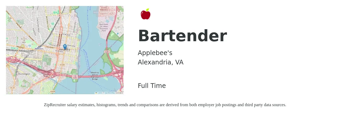 Applebee's job posting for a Bartender in Alexandria, VA with a salary of $10 to $18 Hourly with a map of Alexandria location.