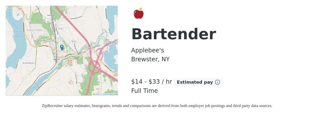Applebee's job posting for a Bartender in Brewster, NY with a salary of $15 to $35 Hourly with a map of Brewster location.