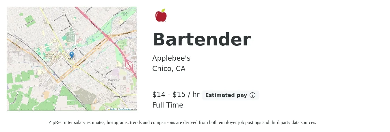 Applebee's job posting for a Bartender in Chico, CA with a salary of $16 to $16 Hourly with a map of Chico location.