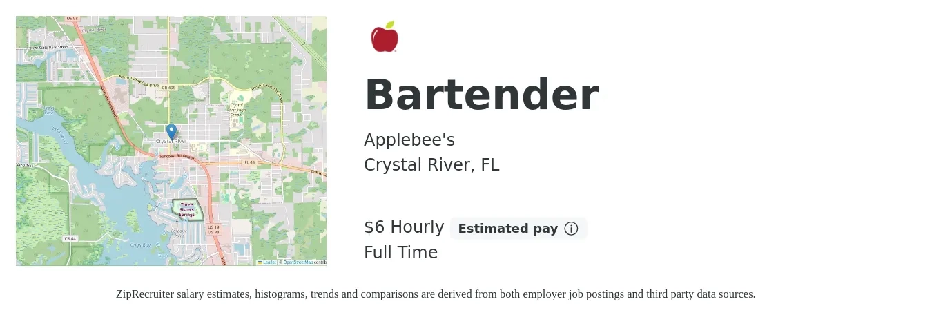 Applebee's job posting for a Bartender in Crystal River, FL with a salary of $7 Hourly with a map of Crystal River location.