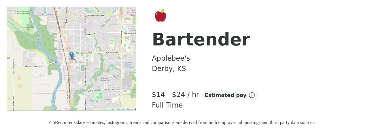Applebee's job posting for a Bartender in Derby, KS with a salary of $15 to $25 Hourly with a map of Derby location.