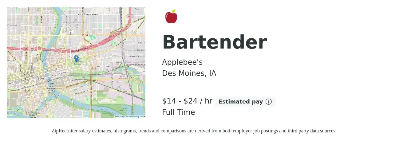 Applebee's job posting for a Bartender in Des Moines, IA with a salary of $15 to $25 Hourly with a map of Des Moines location.