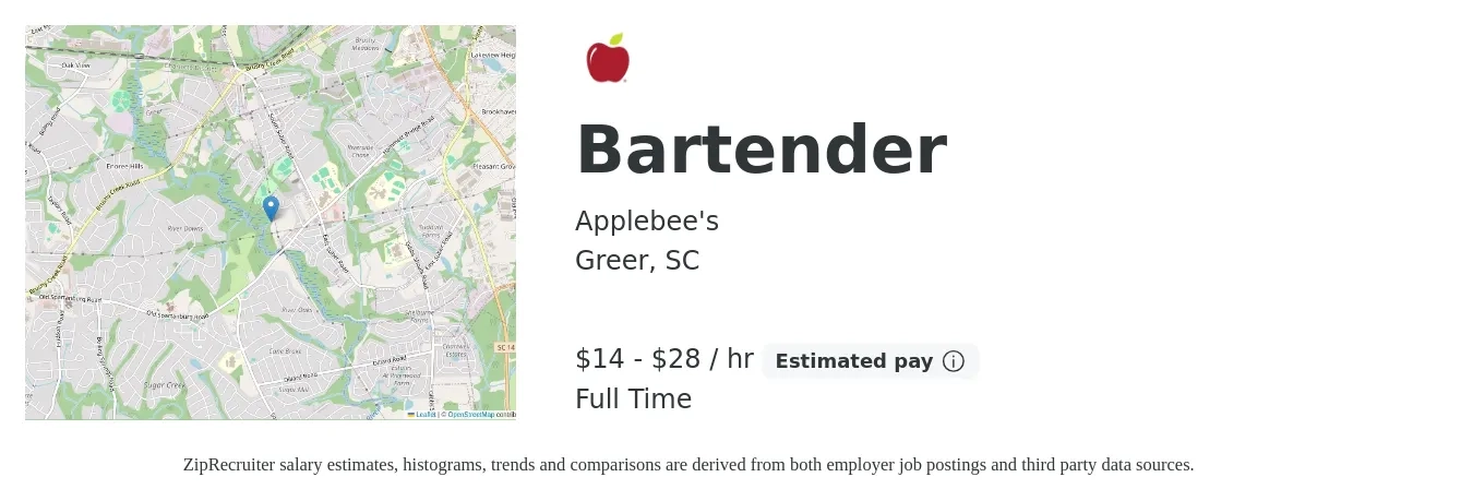 Applebee's job posting for a Bartender in Greer, SC with a salary of $15 to $30 Hourly with a map of Greer location.