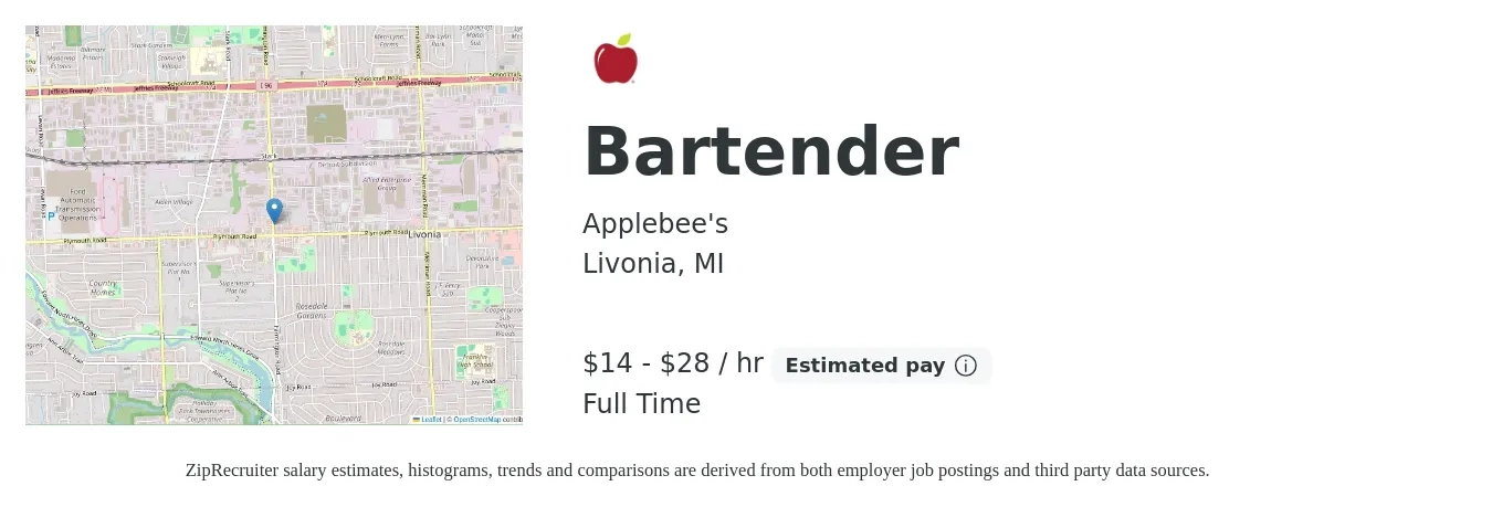 Applebee's job posting for a Bartender in Livonia, MI with a salary of $15 to $30 Hourly with a map of Livonia location.
