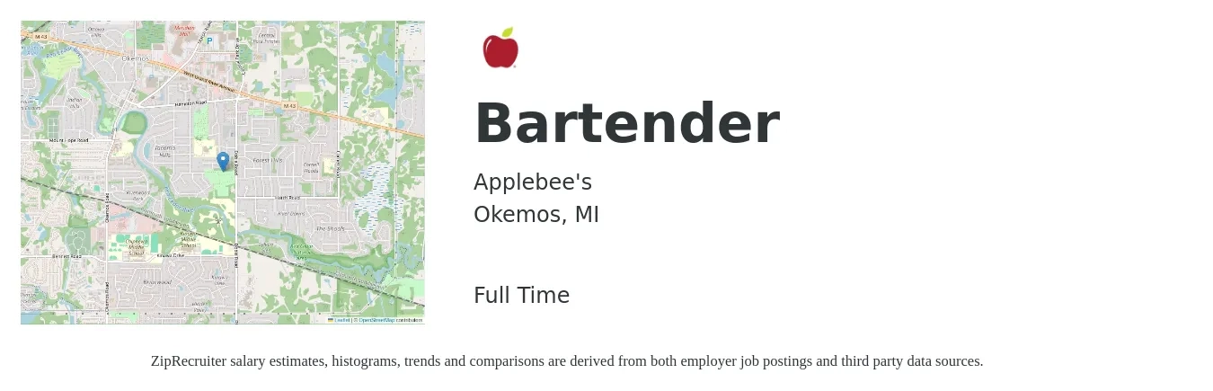 Applebee's (TSFR Team Schostak) job posting for a Bartender in Okemos, MI with a salary of $9 to $17 Hourly with a map of Okemos location.