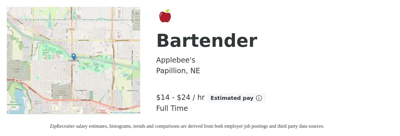 Applebee's job posting for a Bartender in Papillion, NE with a salary of $15 to $25 Hourly with a map of Papillion location.