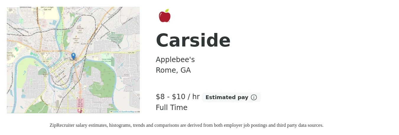 Applebee's job posting for a Carside in Rome, GA with a salary of $11 to $14 Hourly with a map of Rome location.