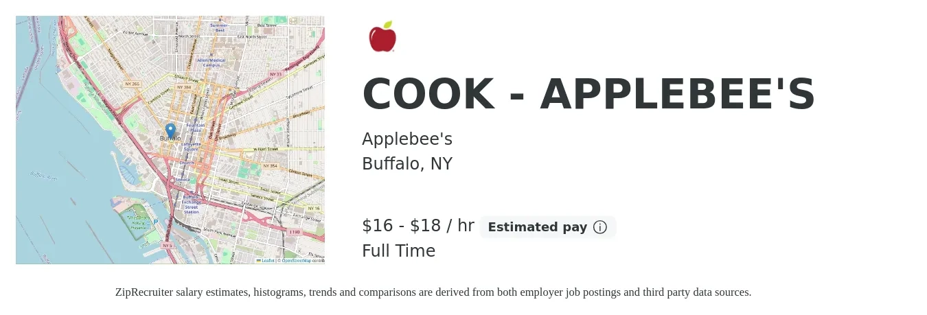 Applebee's job posting for a COOK - APPLEBEE'S in Buffalo, NY with a salary of $17 to $19 Hourly with a map of Buffalo location.