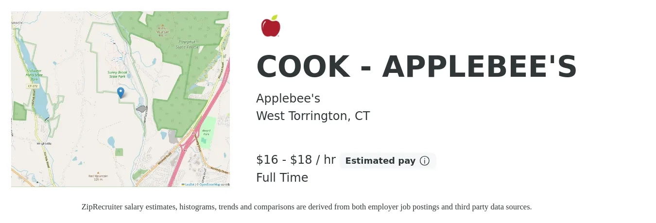 Applebee's job posting for a COOK - APPLEBEE'S in West Torrington, CT with a salary of $15 to $17 Hourly with a map of West Torrington location.