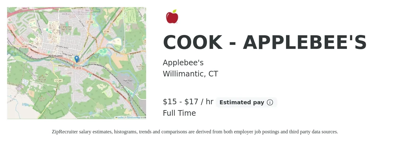 Applebee's job posting for a COOK - APPLEBEE'S in Willimantic, CT with a salary of $16 to $18 Hourly with a map of Willimantic location.