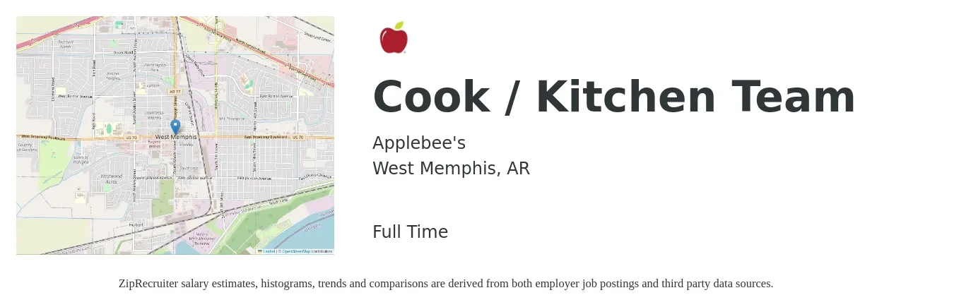 Applebee's job posting for a Cook / Kitchen Team in West Memphis, AR with a salary of $11 to $14 Hourly with a map of West Memphis location.