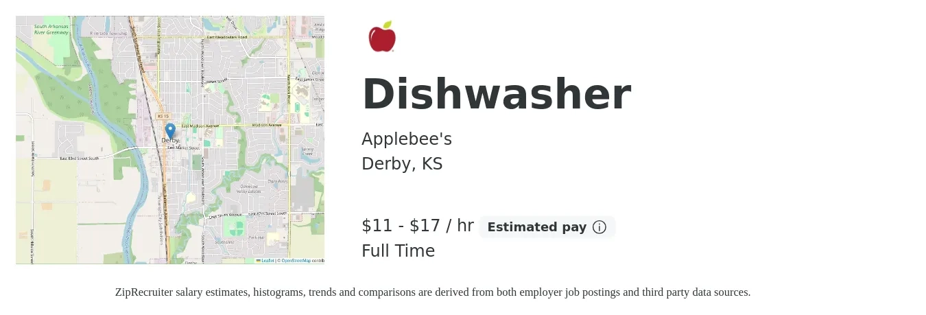 Applebee's job posting for a Dishwasher in Derby, KS with a salary of $12 to $18 Hourly with a map of Derby location.