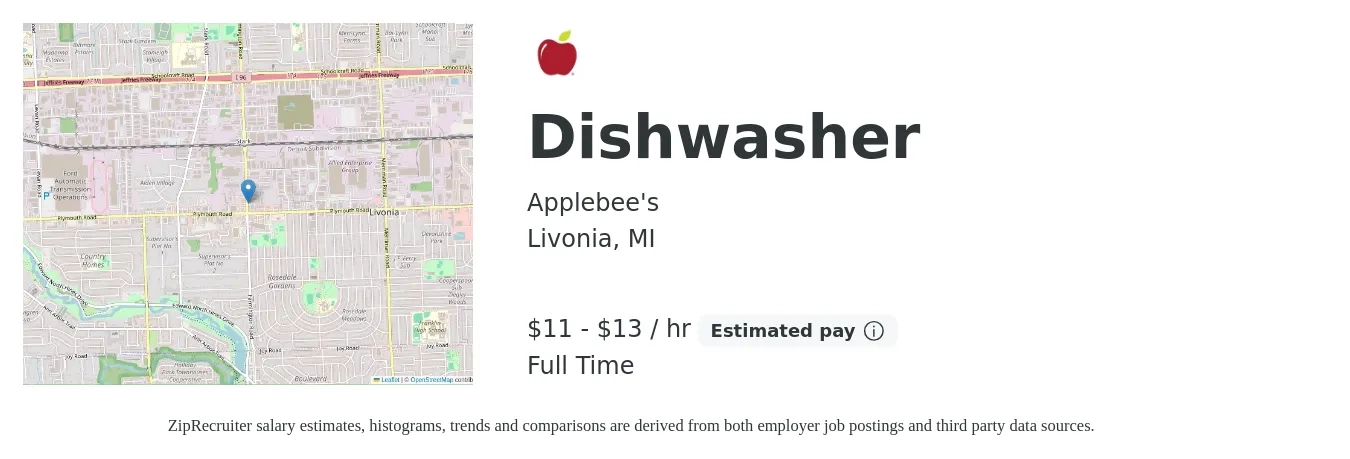 Applebee's job posting for a Dishwasher in Livonia, MI with a salary of $12 to $14 Hourly with a map of Livonia location.