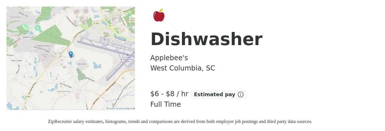 Applebee's job posting for a Dishwasher in West Columbia, SC with a salary of $7 to $9 Hourly with a map of West Columbia location.