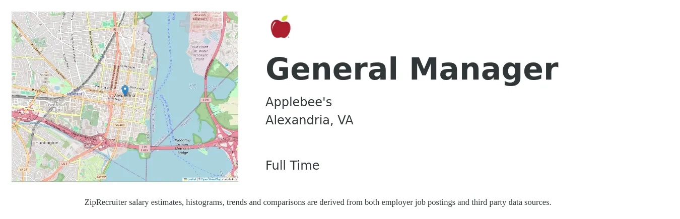 Applebee's job posting for a General Manager in Alexandria, VA with a salary of $48,200 to $72,000 Yearly with a map of Alexandria location.