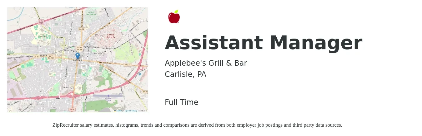 Applebee's Grill & Bar job posting for a Assistant Manager in Carlisle, PA with a salary of $16 to $24 Hourly with a map of Carlisle location.