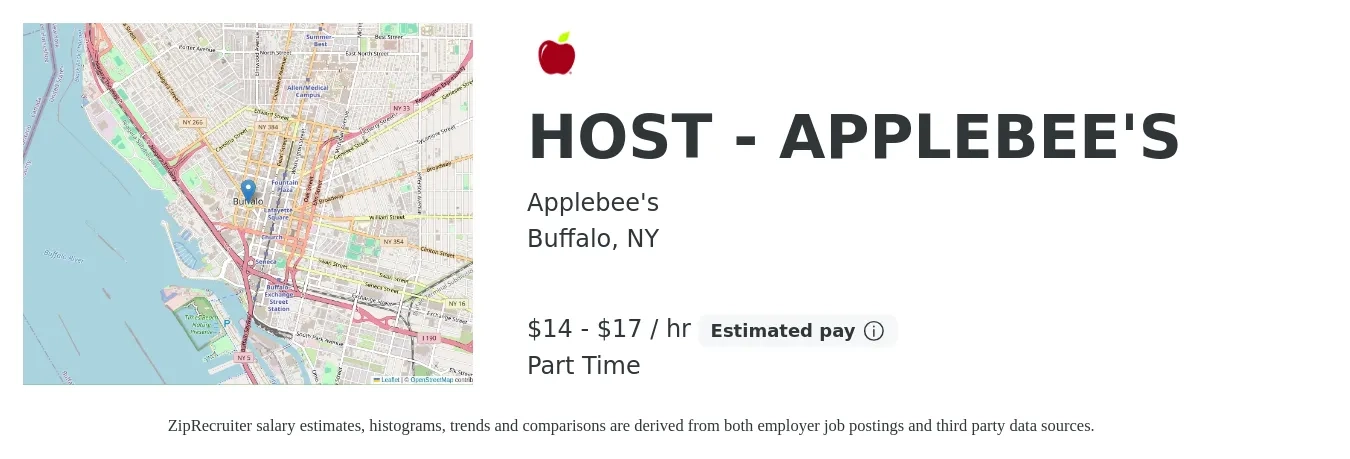 Applebee's job posting for a HOST - APPLEBEE'S in Buffalo, NY with a salary of $15 to $18 Hourly with a map of Buffalo location.