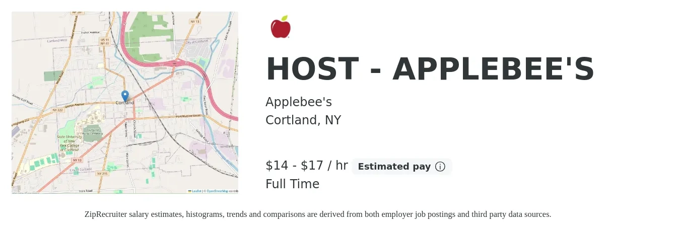 Applebee's job posting for a HOST - APPLEBEE'S in Cortland, NY with a salary of $15 to $18 Hourly with a map of Cortland location.