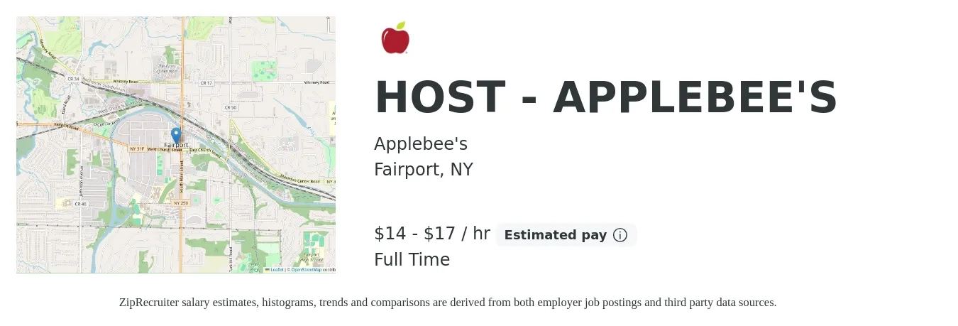 Applebee's job posting for a HOST - APPLEBEE'S in Fairport, NY with a salary of $15 to $18 Hourly with a map of Fairport location.
