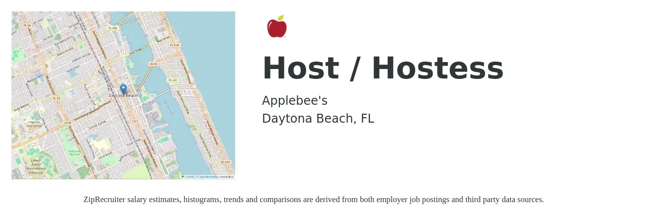 Applebee's job posting for a Host / Hostess in Daytona Beach, FL with a salary of $12 to $16 Hourly with a map of Daytona Beach location.