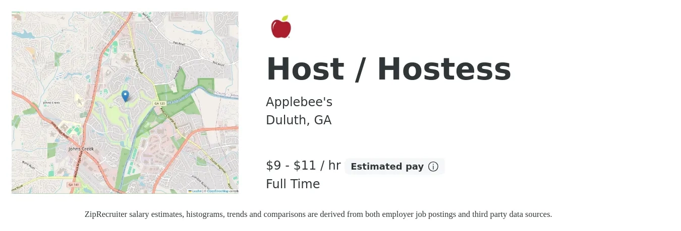 Applebee's job posting for a Host / Hostess in Duluth, GA with a salary of $10 to $12 Hourly with a map of Duluth location.