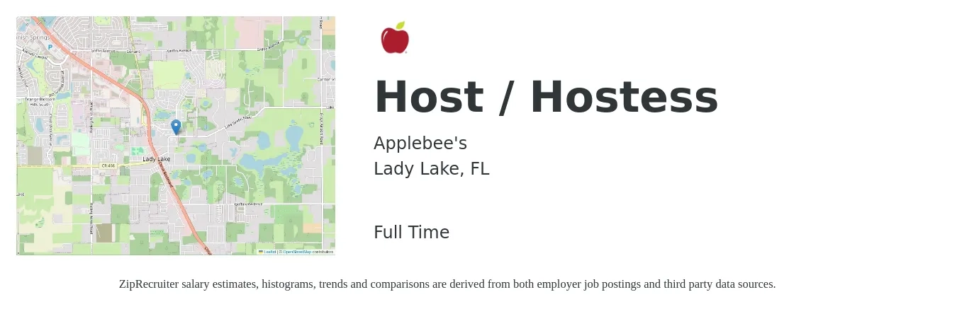 Applebee's job posting for a Host / Hostess in Lady Lake, FL with a salary of $10 to $15 Hourly with a map of Lady Lake location.