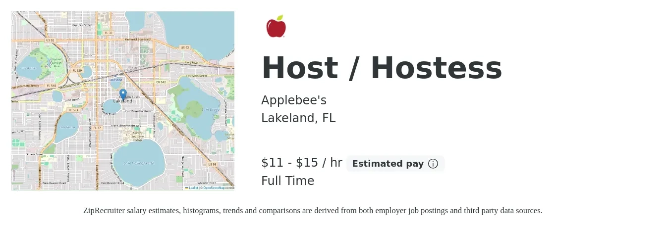 Applebee's job posting for a Host / Hostess in Lakeland, FL with a salary of $12 to $16 Hourly with a map of Lakeland location.