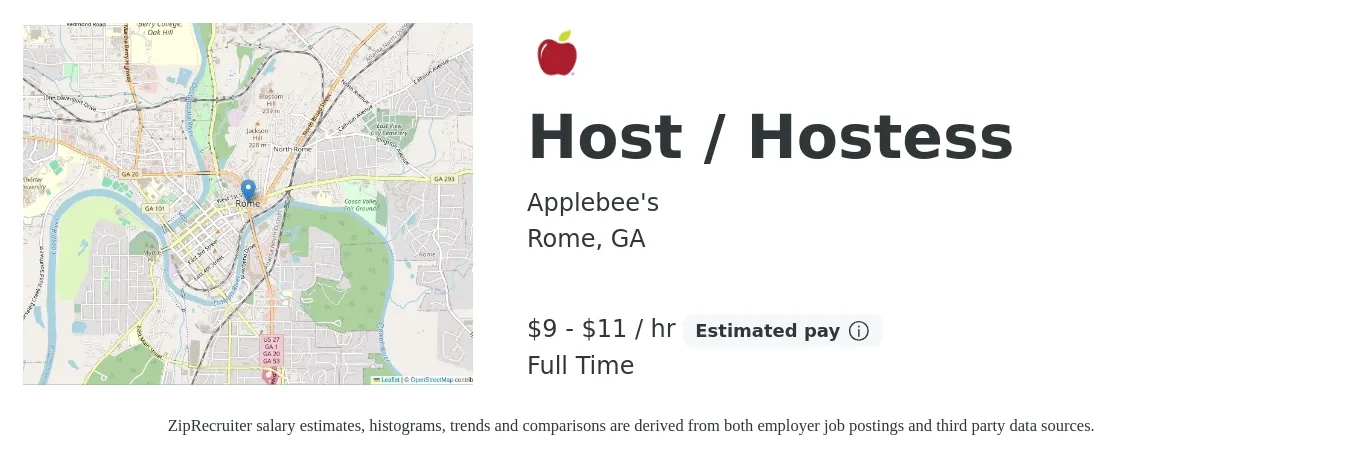 Applebee's job posting for a Host / Hostess in Rome, GA with a salary of $10 to $12 Hourly with a map of Rome location.