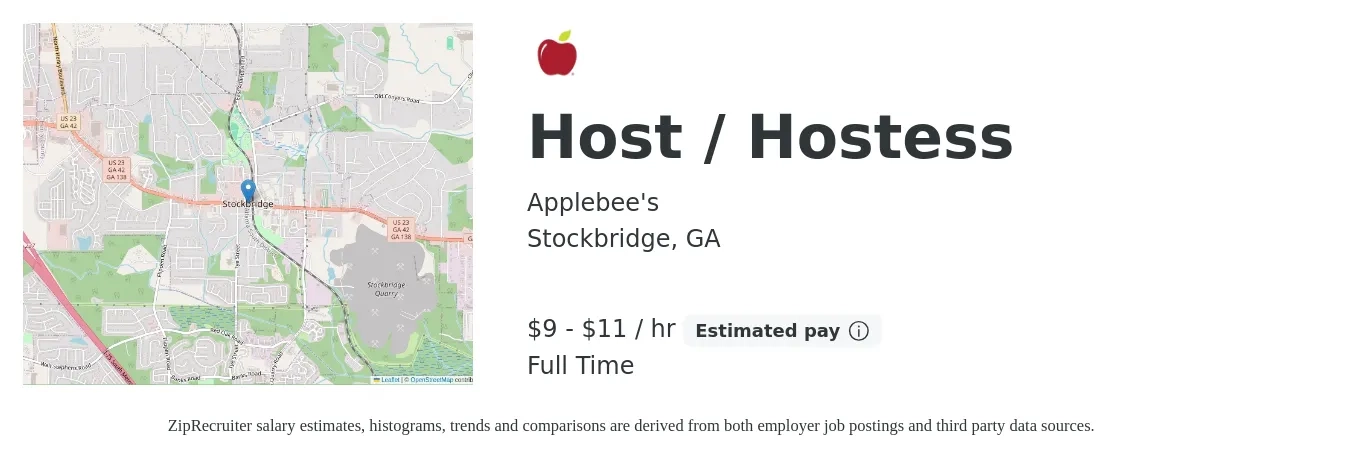 Applebee's job posting for a Host / Hostess in Stockbridge, GA with a salary of $10 to $12 Hourly with a map of Stockbridge location.