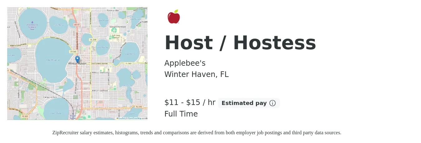 Applebee's job posting for a Host / Hostess in Winter Haven, FL with a salary of $12 to $16 Hourly with a map of Winter Haven location.