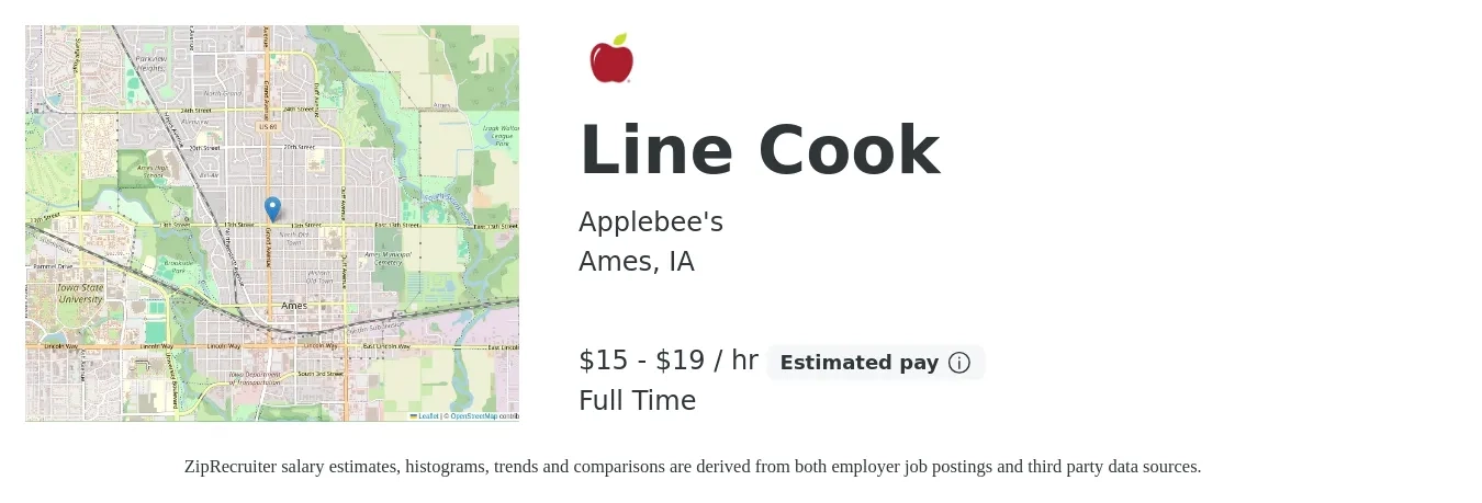 Applebee's job posting for a Line Cook in Ames, IA with a salary of $16 to $19 Hourly with a map of Ames location.