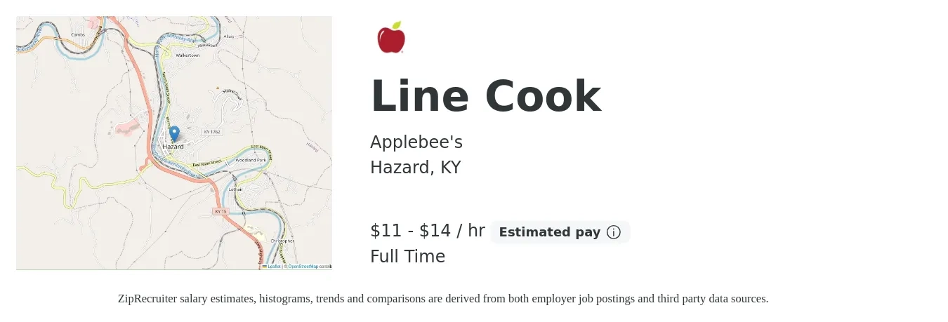 Applebee's job posting for a Line Cook in Hazard, KY with a salary of $16 to $21 Hourly with a map of Hazard location.