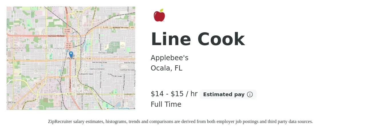 Applebee's job posting for a Line Cook in Ocala, FL with a salary of $15 to $18 Hourly with a map of Ocala location.