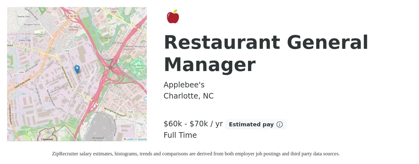 Applebee's job posting for a Restaurant General Manager in Charlotte, NC with a salary of $60,000 to $70,000 Yearly with a map of Charlotte location.
