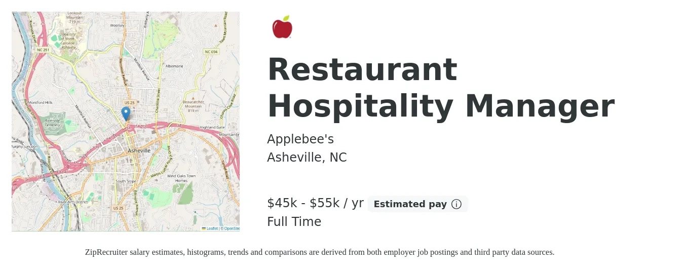 Applebee's job posting for a Restaurant Hospitality Manager in Asheville, NC with a salary of $43,000 to $52,900 Yearly with a map of Asheville location.