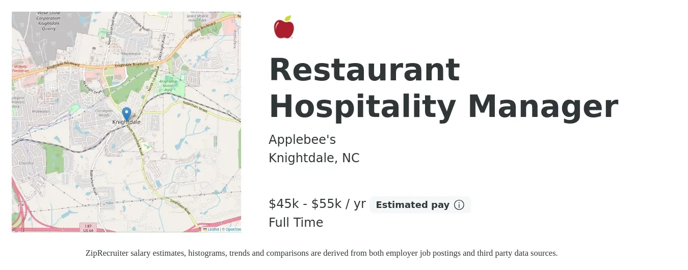 Applebee's job posting for a Restaurant Hospitality Manager in Knightdale, NC with a salary of $41,000 to $50,400 Yearly with a map of Knightdale location.