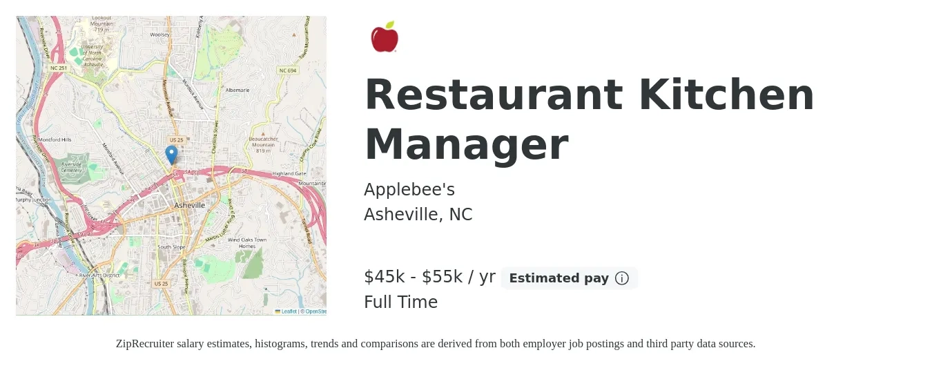 Applebee's job posting for a Restaurant Kitchen Manager in Asheville, NC with a salary of $48,200 to $61,500 Yearly with a map of Asheville location.