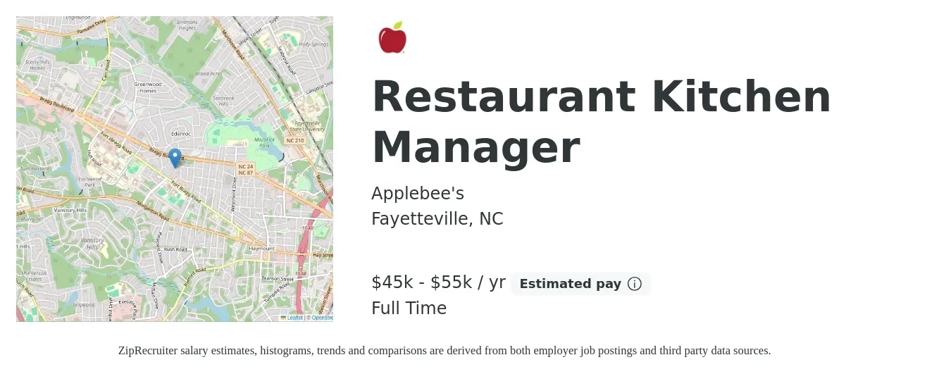 Applebee's job posting for a Restaurant Kitchen Manager in Fayetteville, NC with a salary of $45,000 to $55,000 Yearly with a map of Fayetteville location.