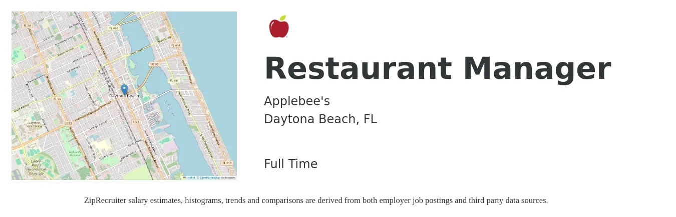 Applebee's job posting for a Restaurant Manager in Daytona Beach, FL with a salary of $43,200 to $61,000 Yearly with a map of Daytona Beach location.