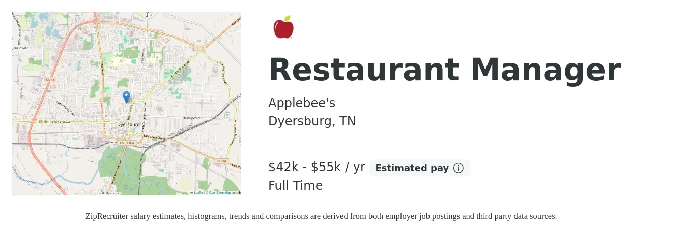 Applebee's job posting for a Restaurant Manager in Dyersburg, TN with a salary of $42,000 to $55,000 Yearly with a map of Dyersburg location.